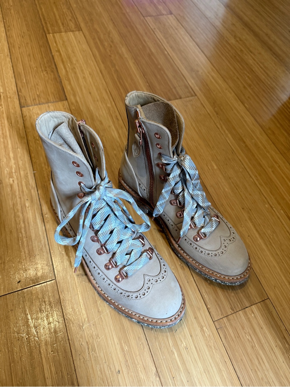 Taupe Lace-Up Brogue Combat Boots with Rose Gold Hardware - Picture 1 of 4